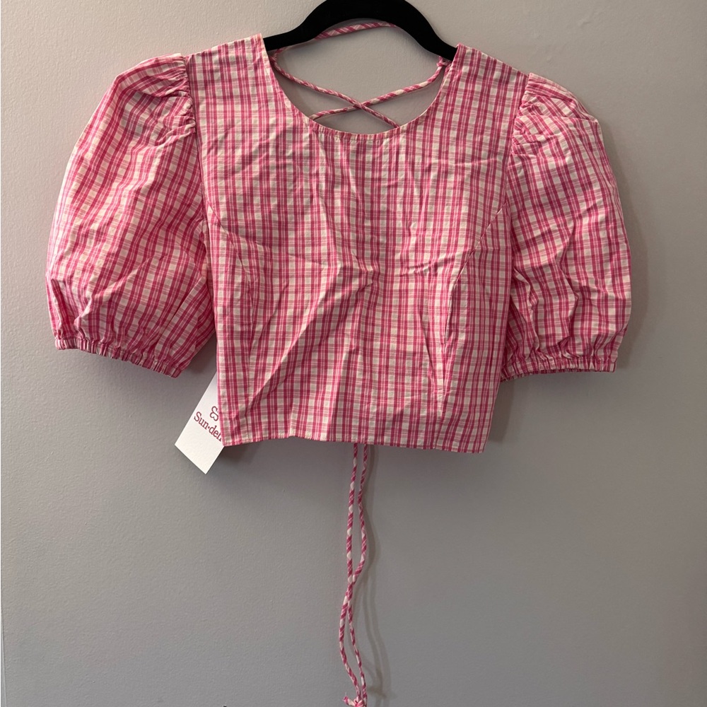 Pink Plaid Puff Sleeve Crop Top With Crossed Back